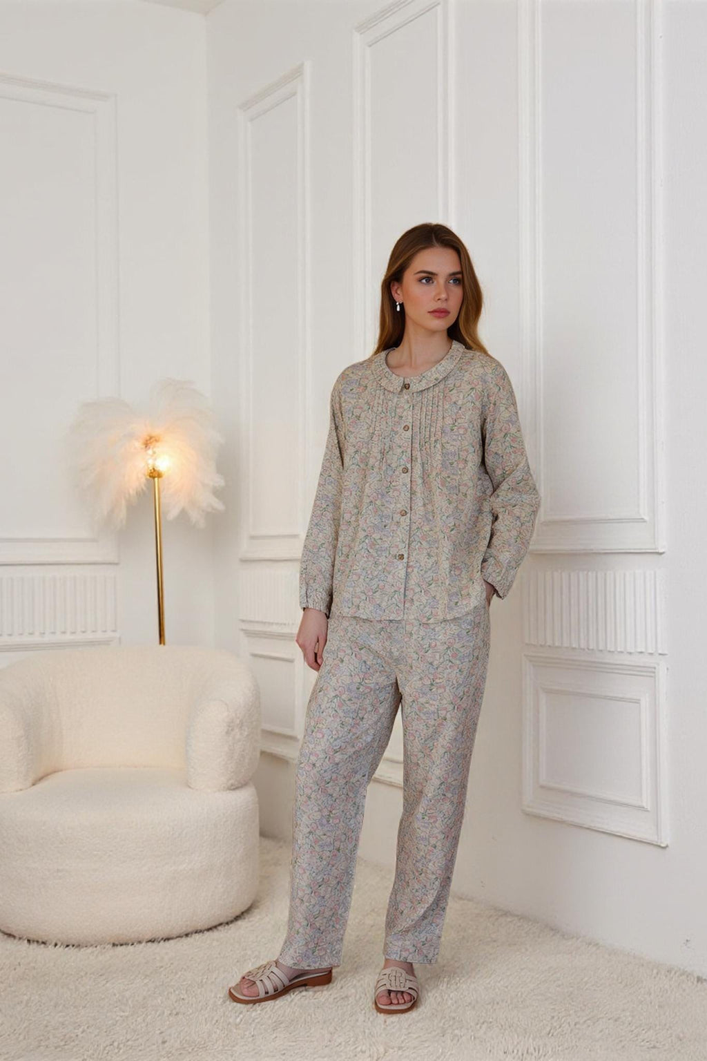 Floral Cotton Pajamas - Romantic Collar, Wide Leg Pants, Christmas gift