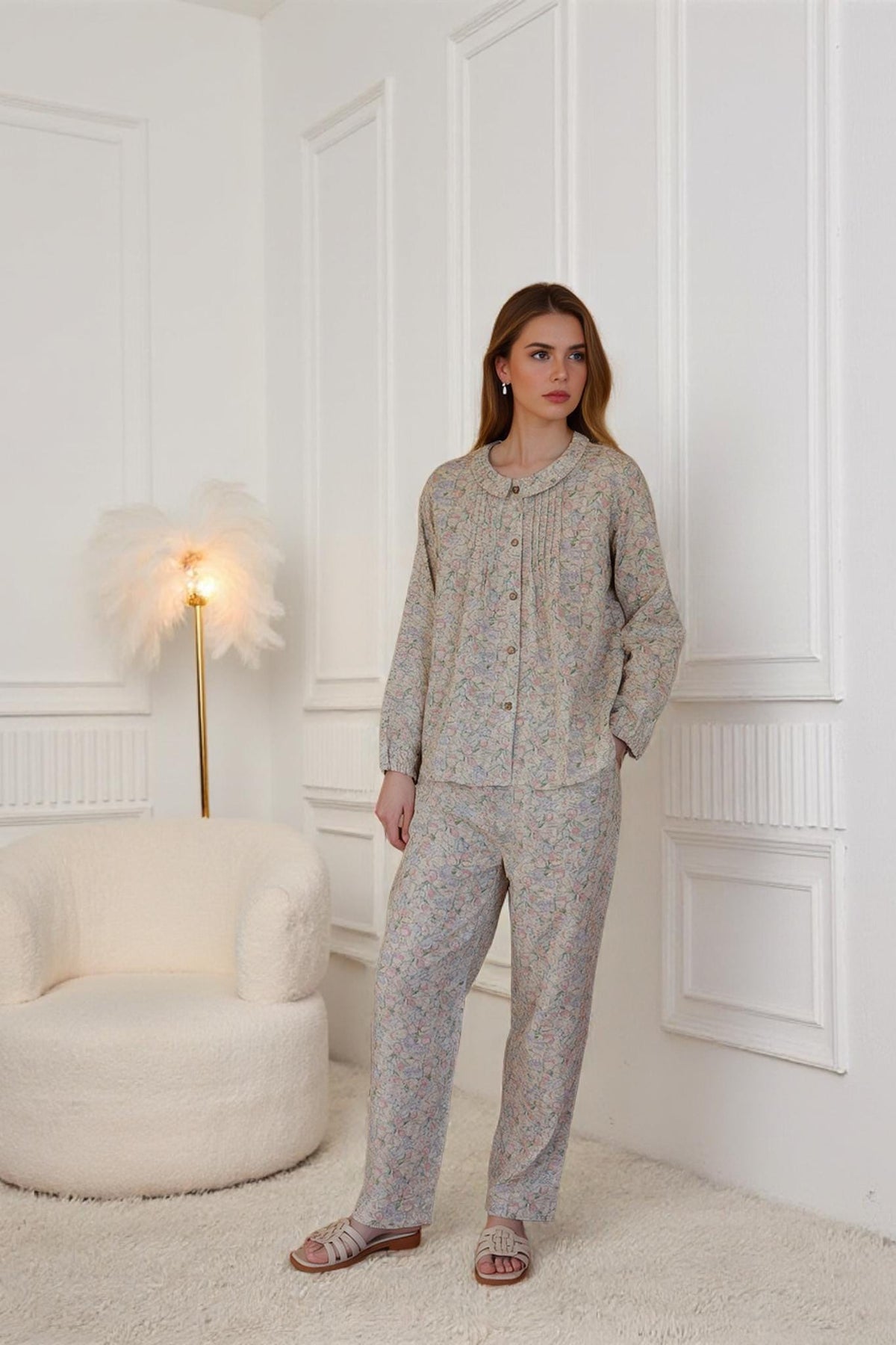 Floral Cotton Pajamas - Romantic Collar, Wide Leg Pants, Christmas gift