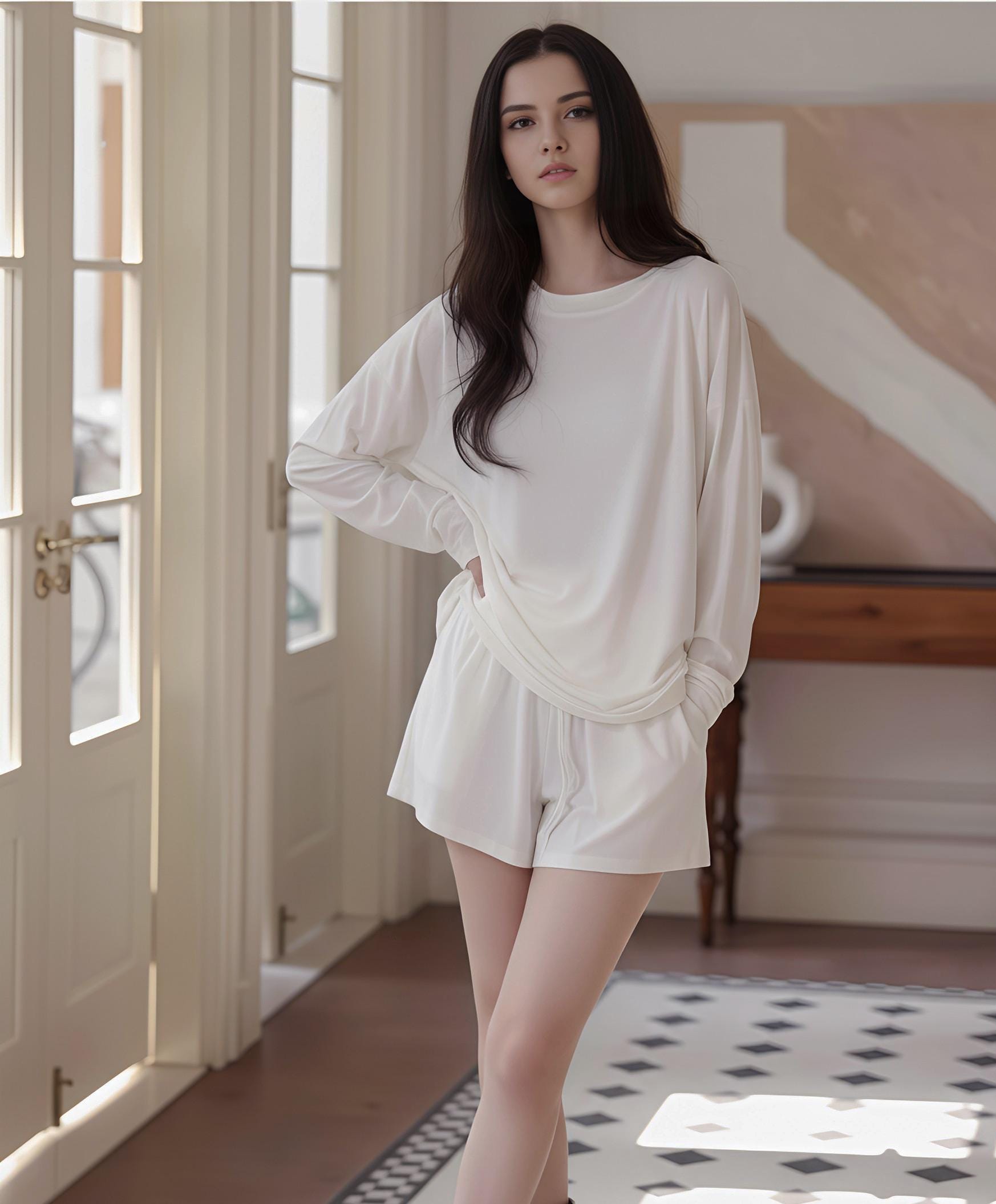 Modal Cotton Pajama Set: Long Sleeve Top, Drawstring Shorts, Loungewear