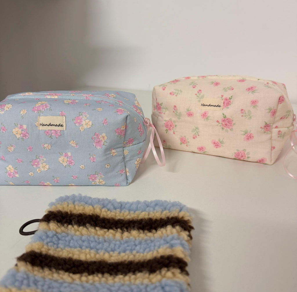 Handmade Floral Quilted Makeup Bag, Cotton Cosmetic Travel Bag