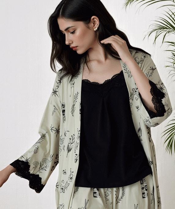 Knit Cotton Lounge Set, Duster Robe and Pants Pajamas, Lace Detail