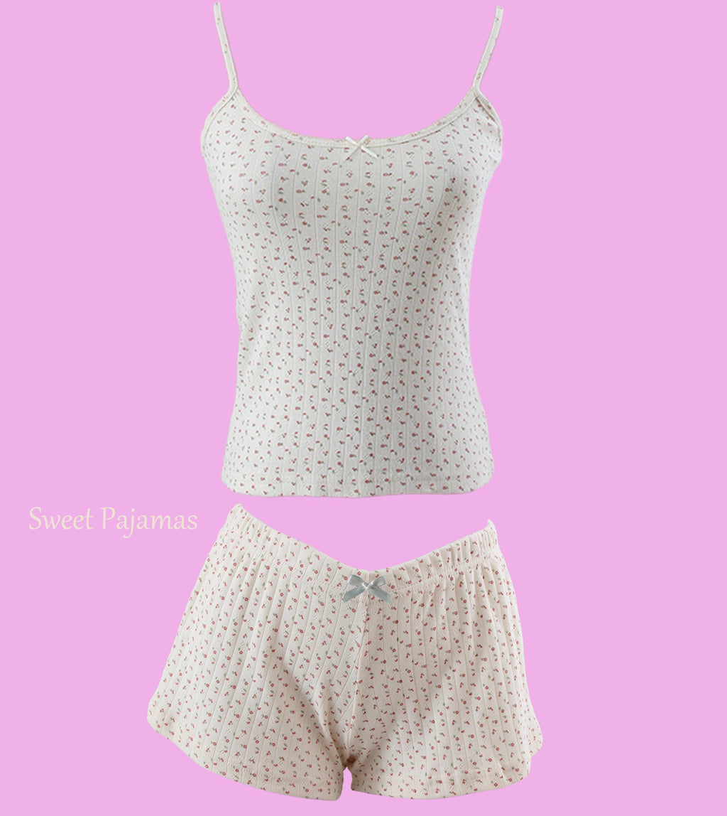 100% Cotton Soft Pajama Set: Floral Crop Top and Shorts, Lightweight Women's Loungewear Party Theme PJs