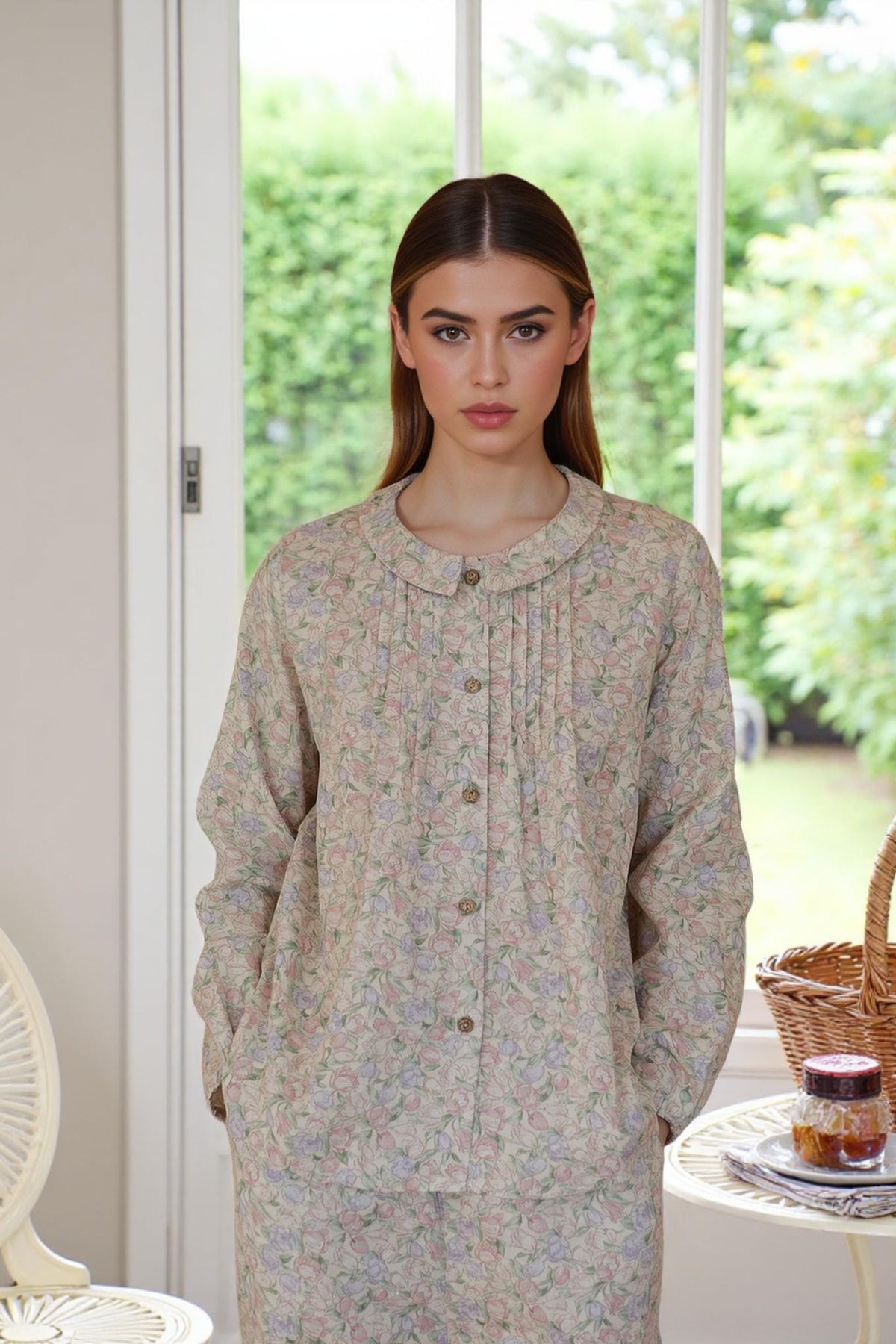 Floral Cotton Pajamas - Romantic Collar, Wide Leg Pants, Christmas gift