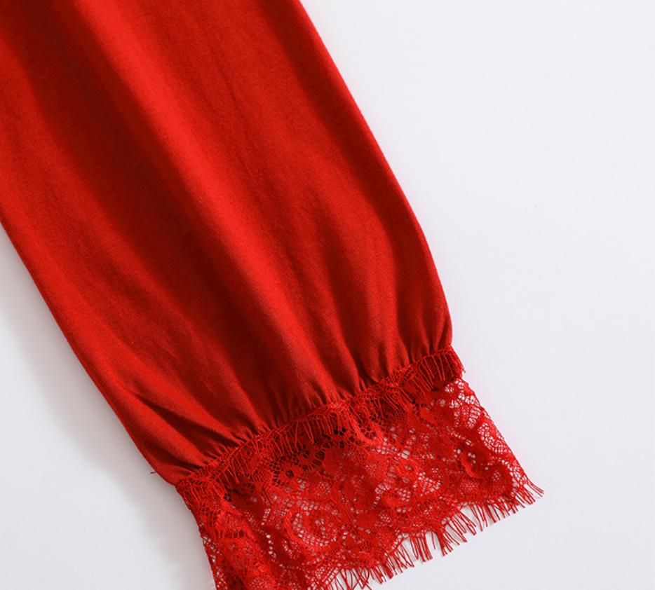 Vintage Red Cotton Lace Pajama Set: Soft Christmas Loungewear Elegant V-neck sleepwear