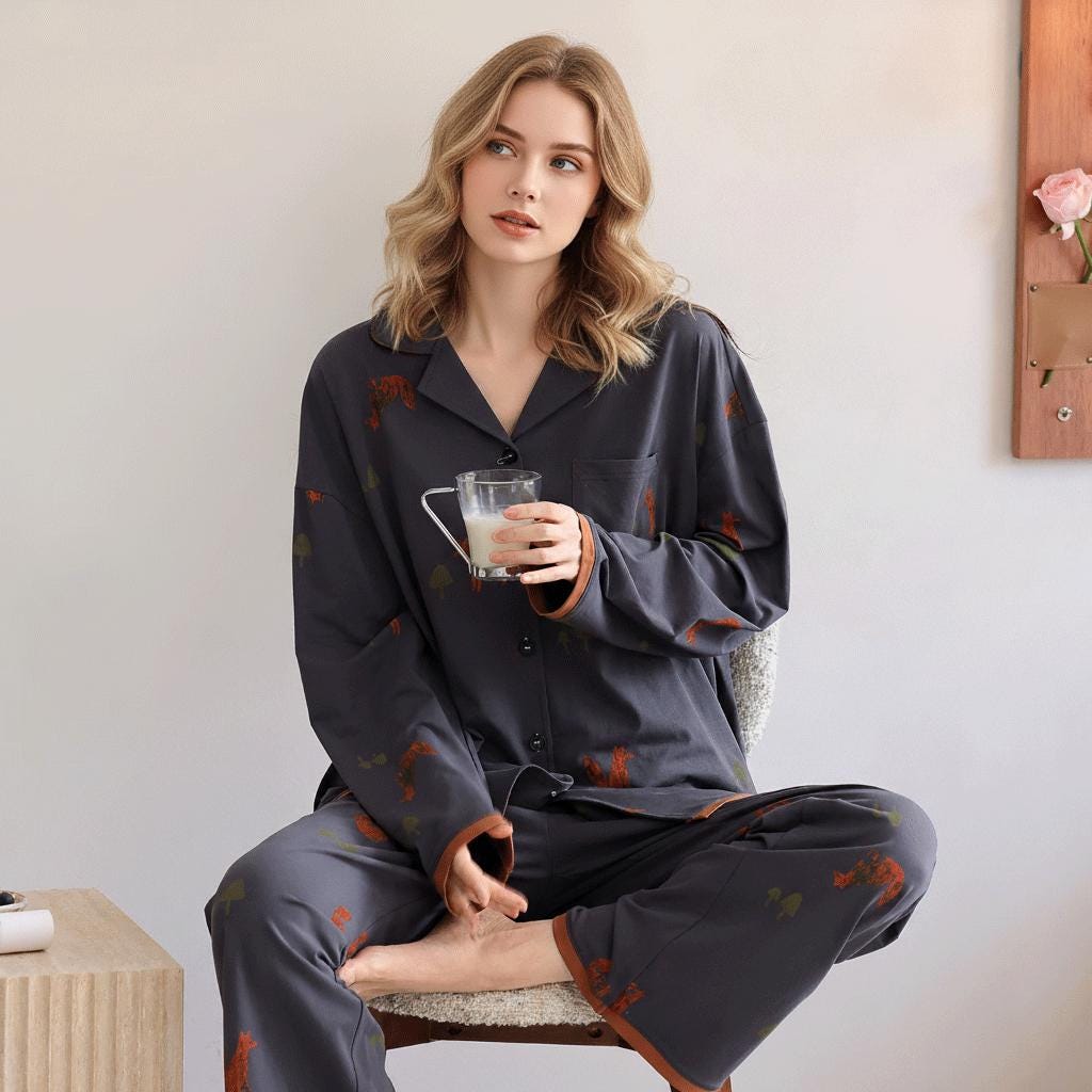 Fox Print Cotton Pajama Set: Soft Button-Front Sleepwear