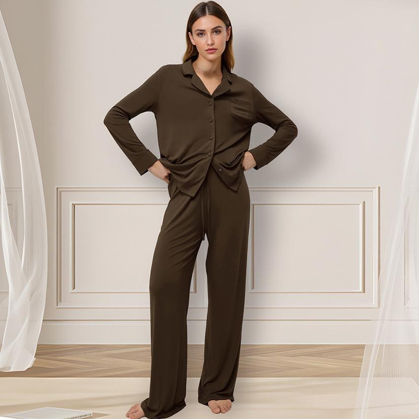 Dark Brown Modal Pajama Set, Long Sleeve Bridal PJs