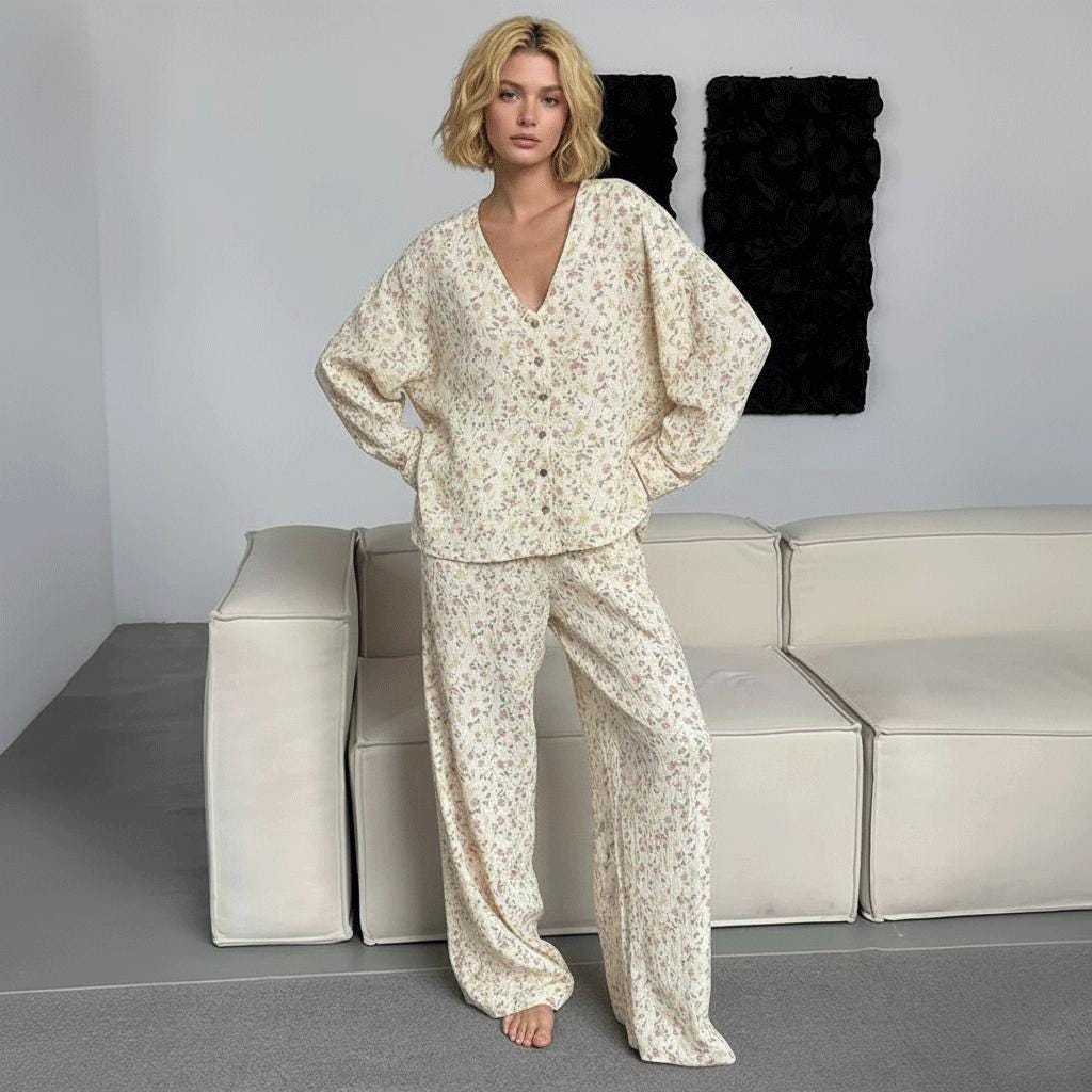 Floral Muslin cozy Pajama Set: Ruffle Trim 100% Cotton Sleepwear