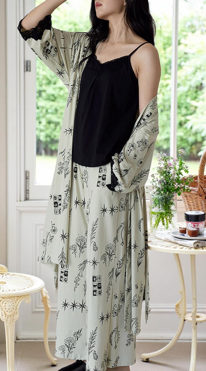 Knit Cotton Lounge Set, Duster Robe and Pants Pajamas, Lace Detail
