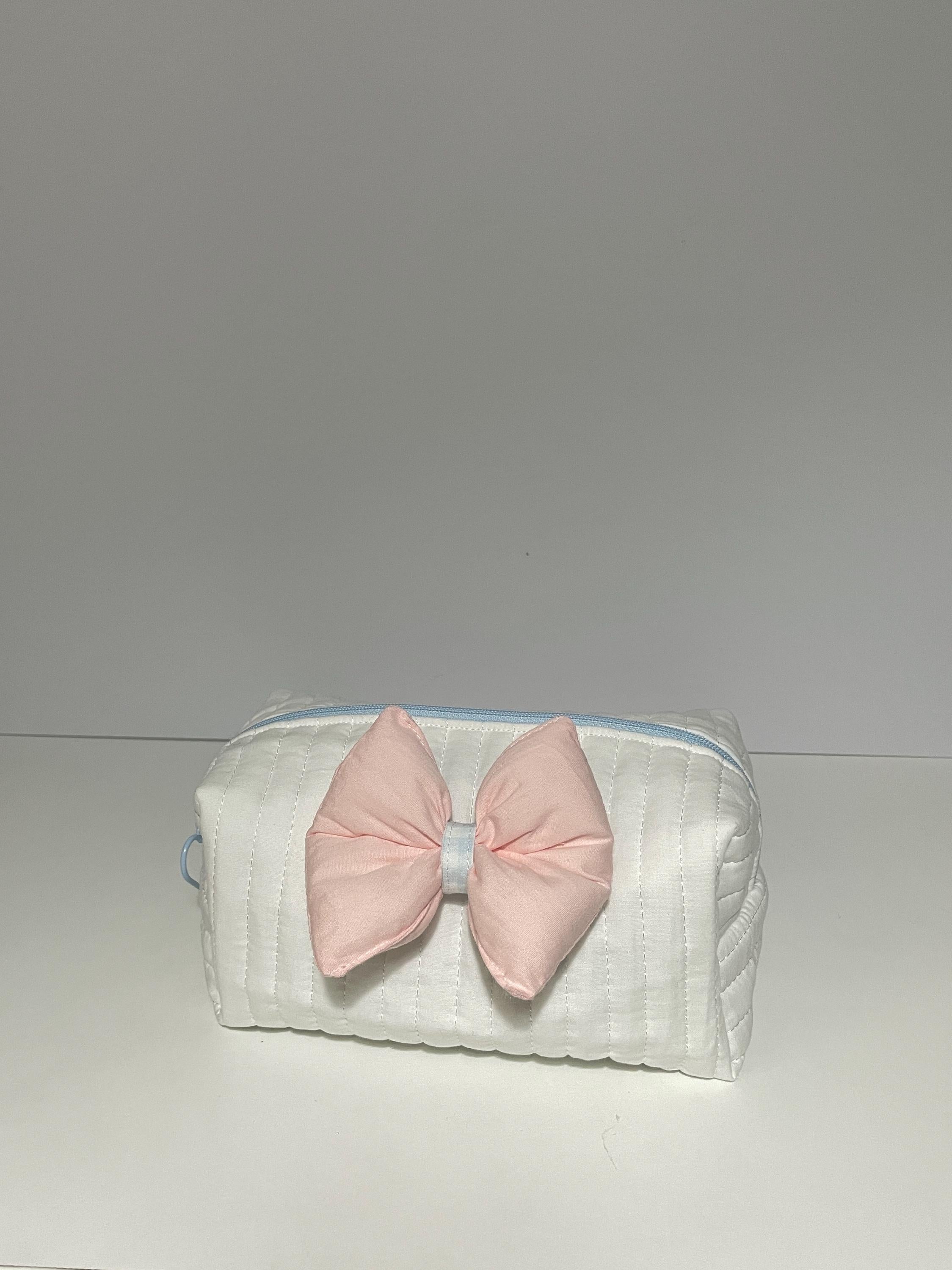 Dainty Quilted Cosmetic Bag – White Travel Organizer with Bow