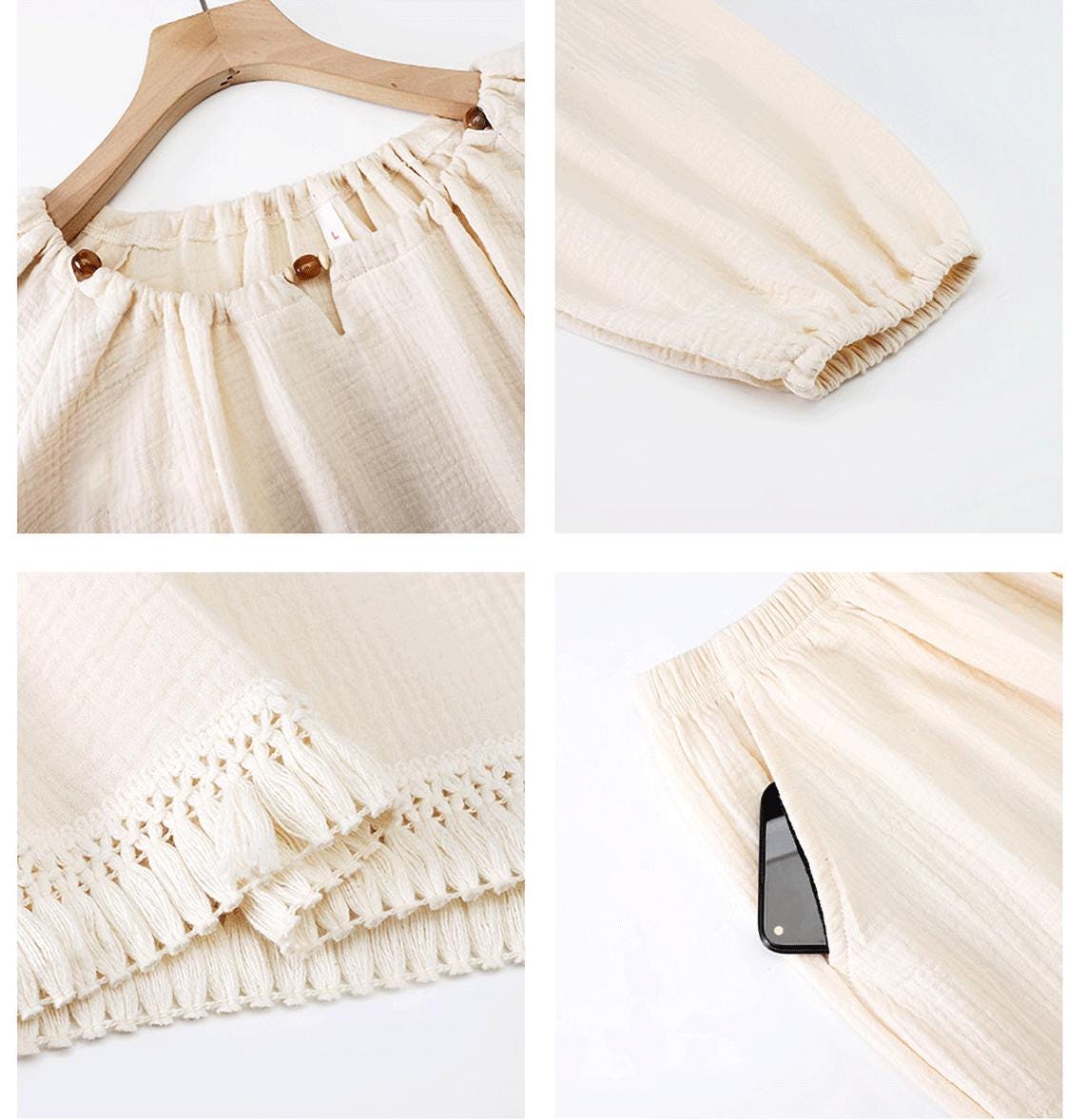 100% Cotton Beige Pajama with Crew Neck: Minimalist Soft Breathable Lounge Sleepwear