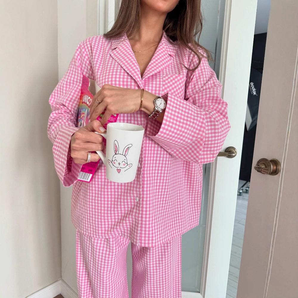 Pink Plaid Pajama Set: Cotton Blend Sleepwear, Family Loungewear Gift for her