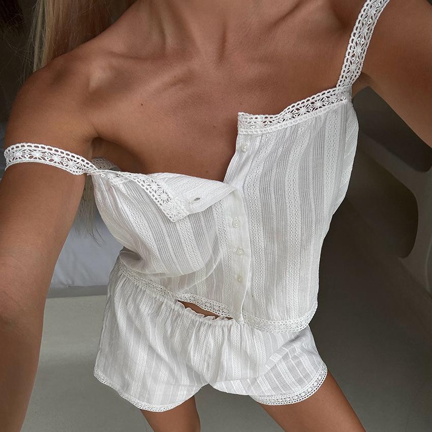 Cotton Pajamas Set for Women - Double Gauze Fabric Top with Shorts Lightweight PJs