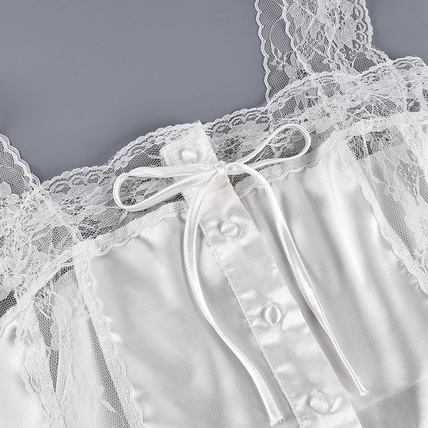 White Lace Satin Pajama Set, Bridal Sleepwear, Elegant Cami and Pants