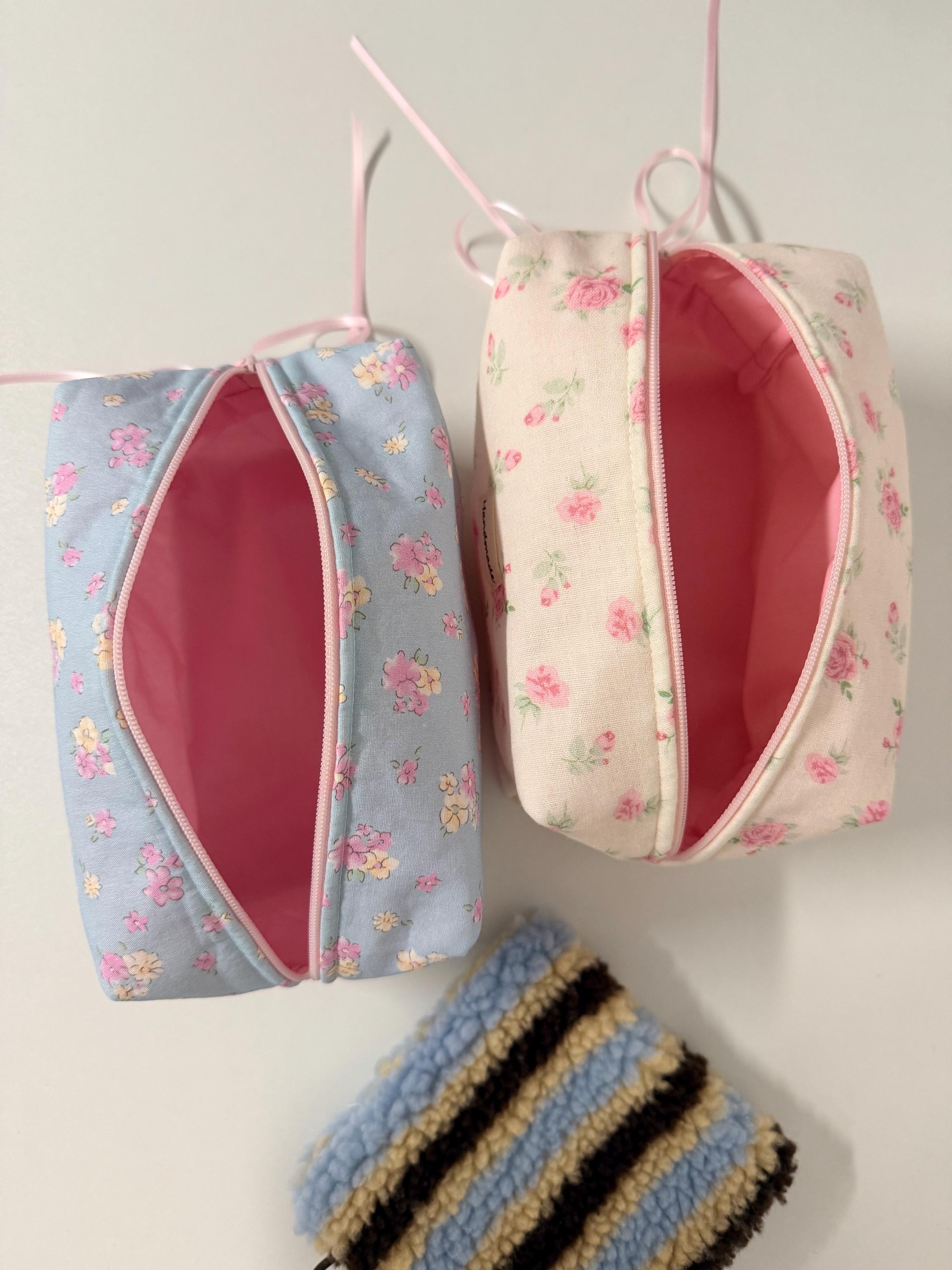 Handmade Floral Quilted Makeup Bag, Cotton Cosmetic Travel Bag