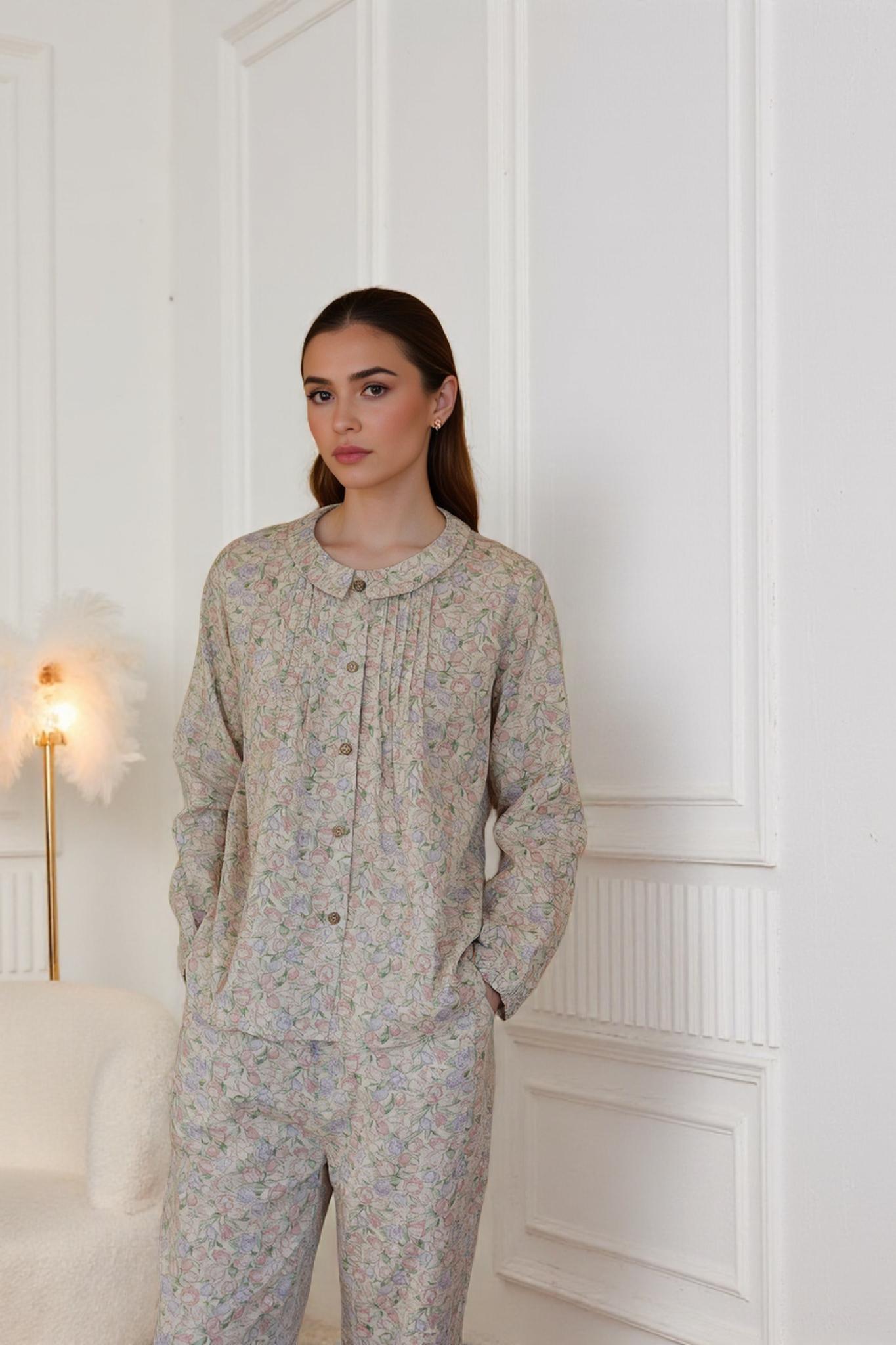 Floral Cotton Pajamas - Romantic Collar, Wide Leg Pants, Christmas gift