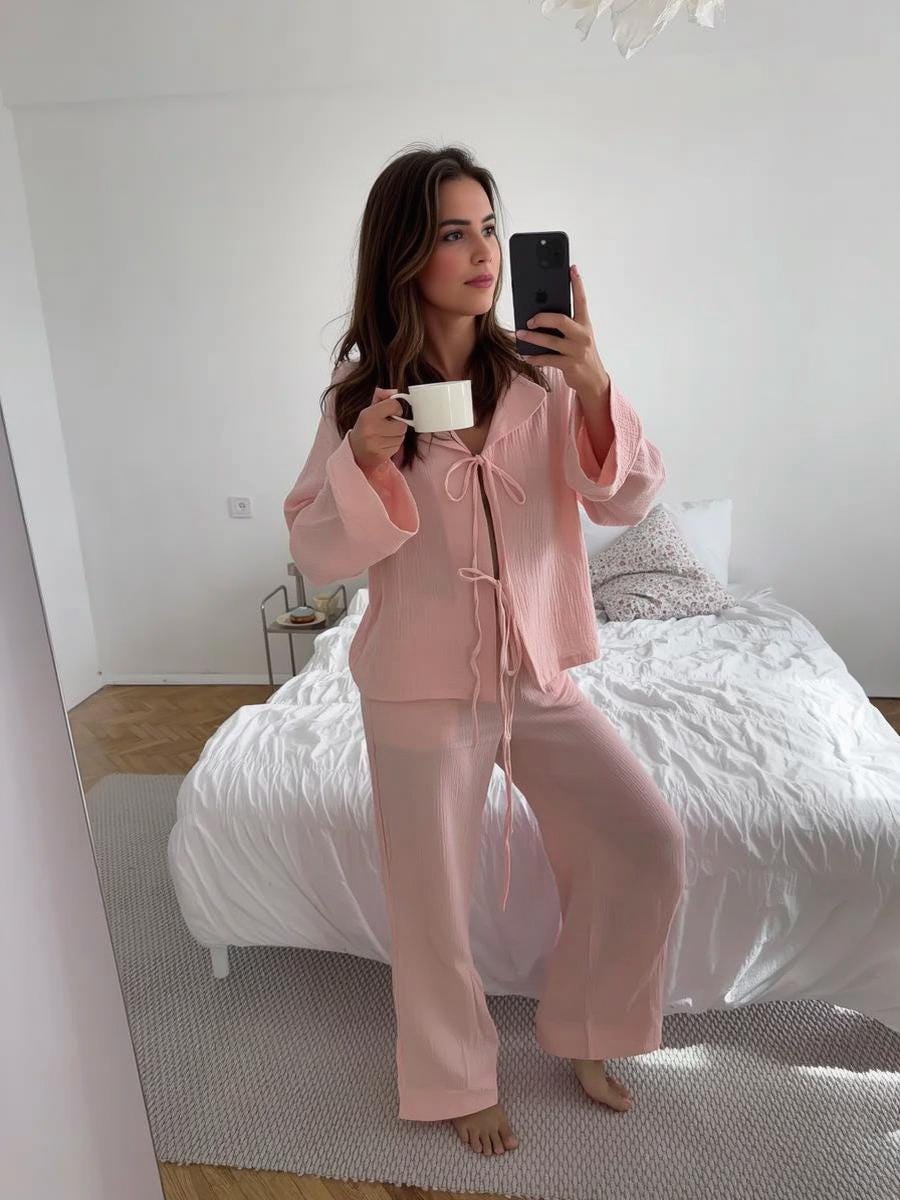 Soft Pink Muslin Cotton Pajama Set, Tie Front Sleepwear, Wide Leg Pants