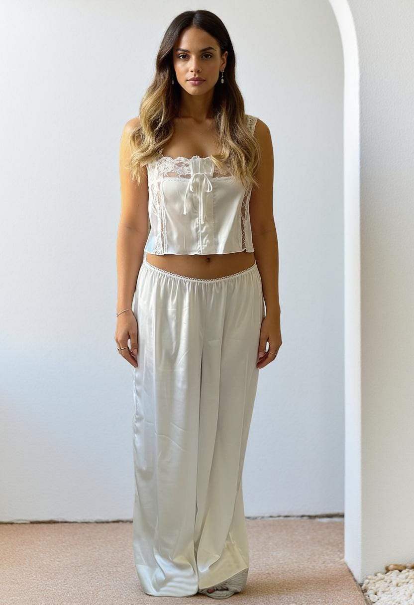White Lace Satin Pajama Set, Bridal Sleepwear, Elegant Cami and Pants