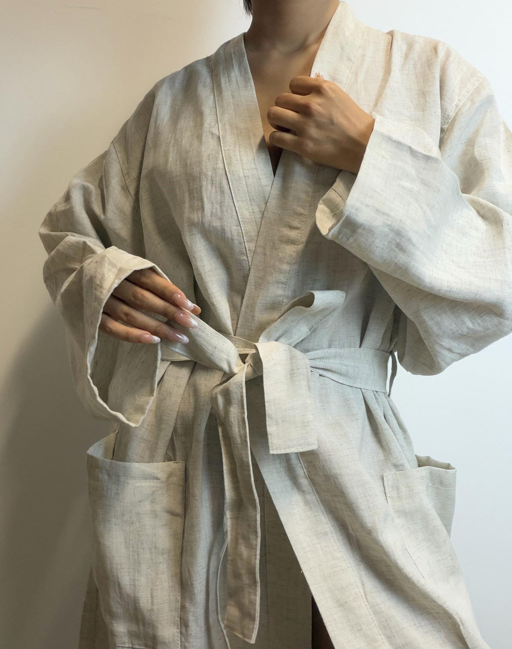 Linen Kimono Robe: Mid-Calf Wrap Dress, Bridal Dressing Gown