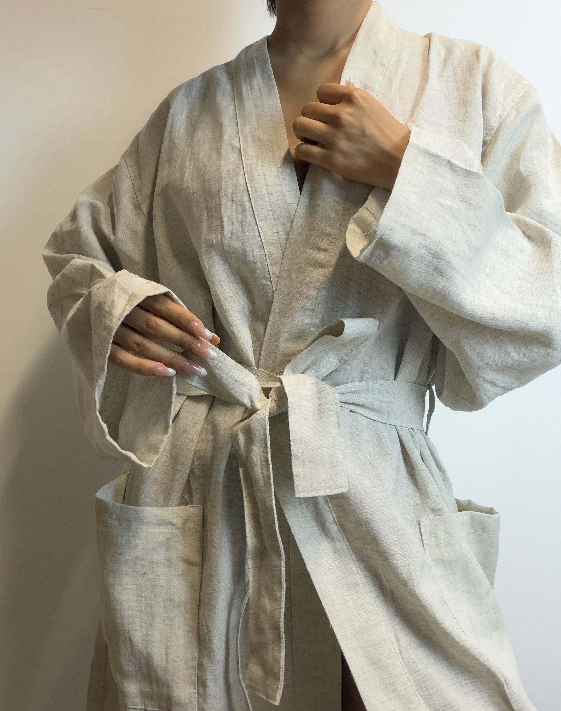 Linen Kimono Robe: Mid-Calf Wrap Dress, Bridal Dressing Gown