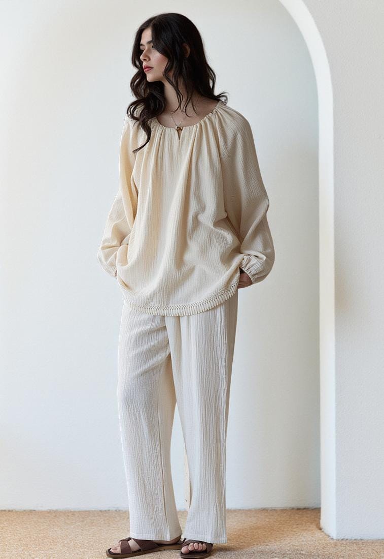 100% Cotton Beige Pajama with Crew Neck: Minimalist Soft Breathable Lounge Sleepwear