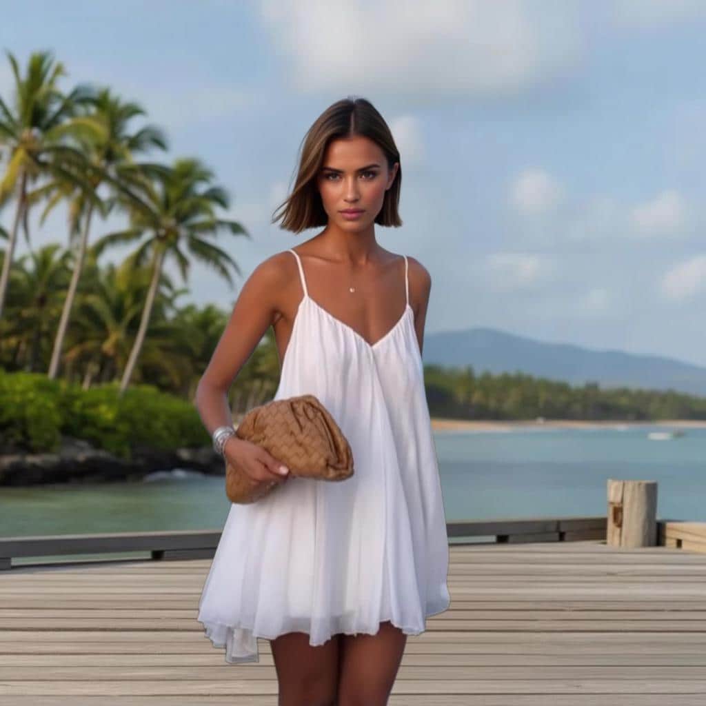 White V-Neck Chemise, Flowy Resort Loungewear