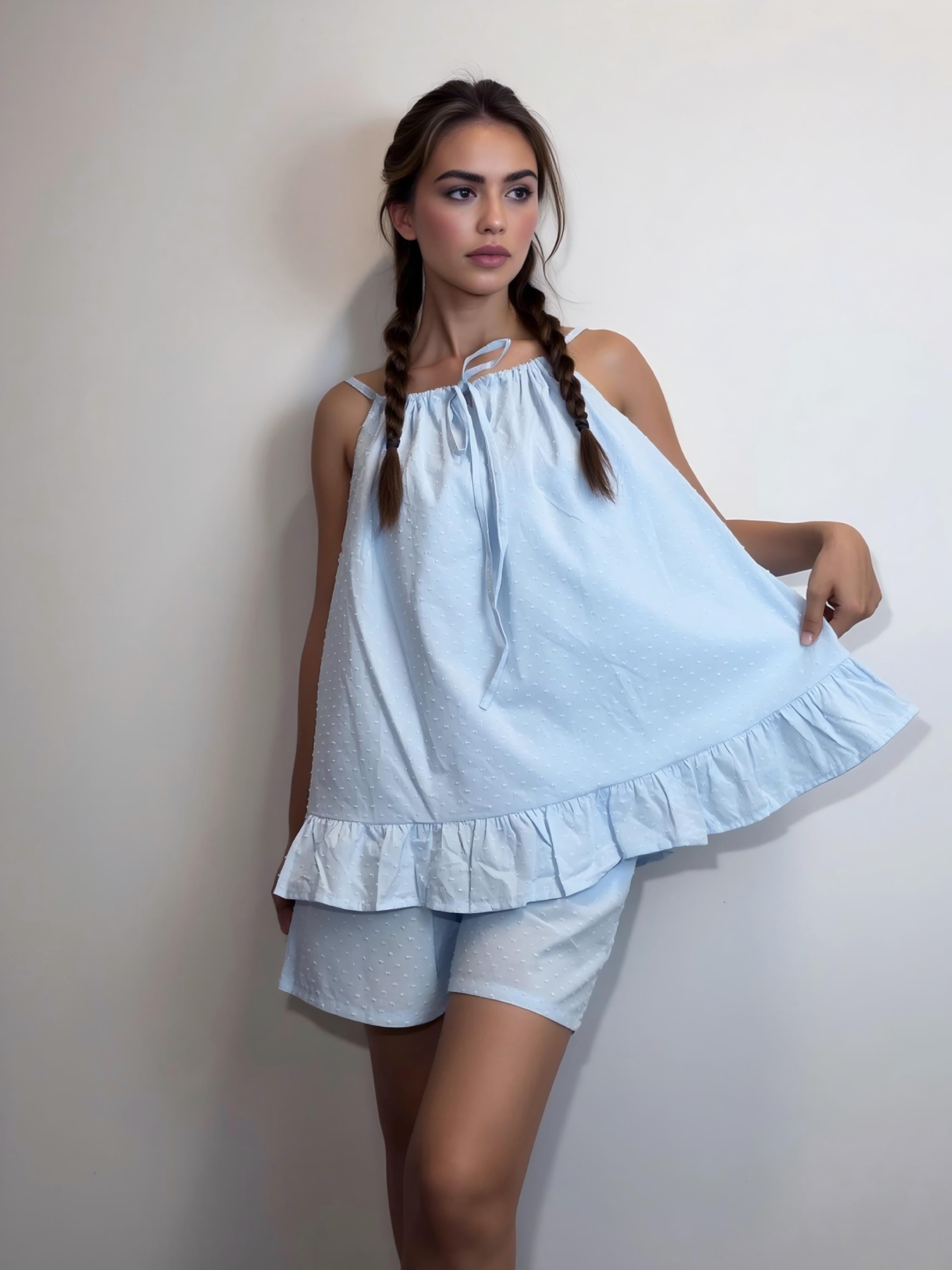 Cottagecore Blue Pajamas Set for Women  Breathable Summer Cotton Loungewear | Vacation Home Gift