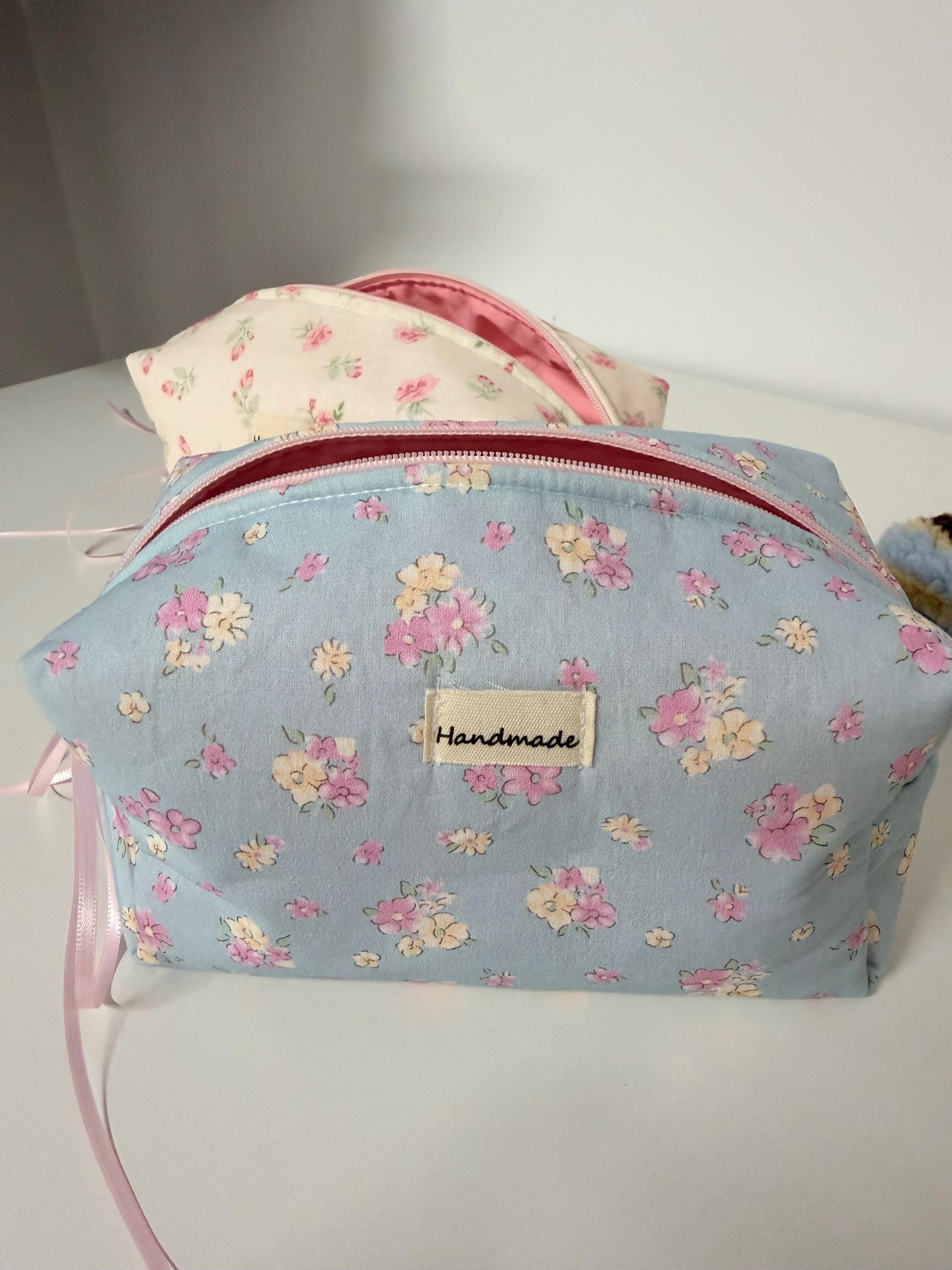 Handmade Floral Quilted Makeup Bag, Cotton Cosmetic Travel Bag