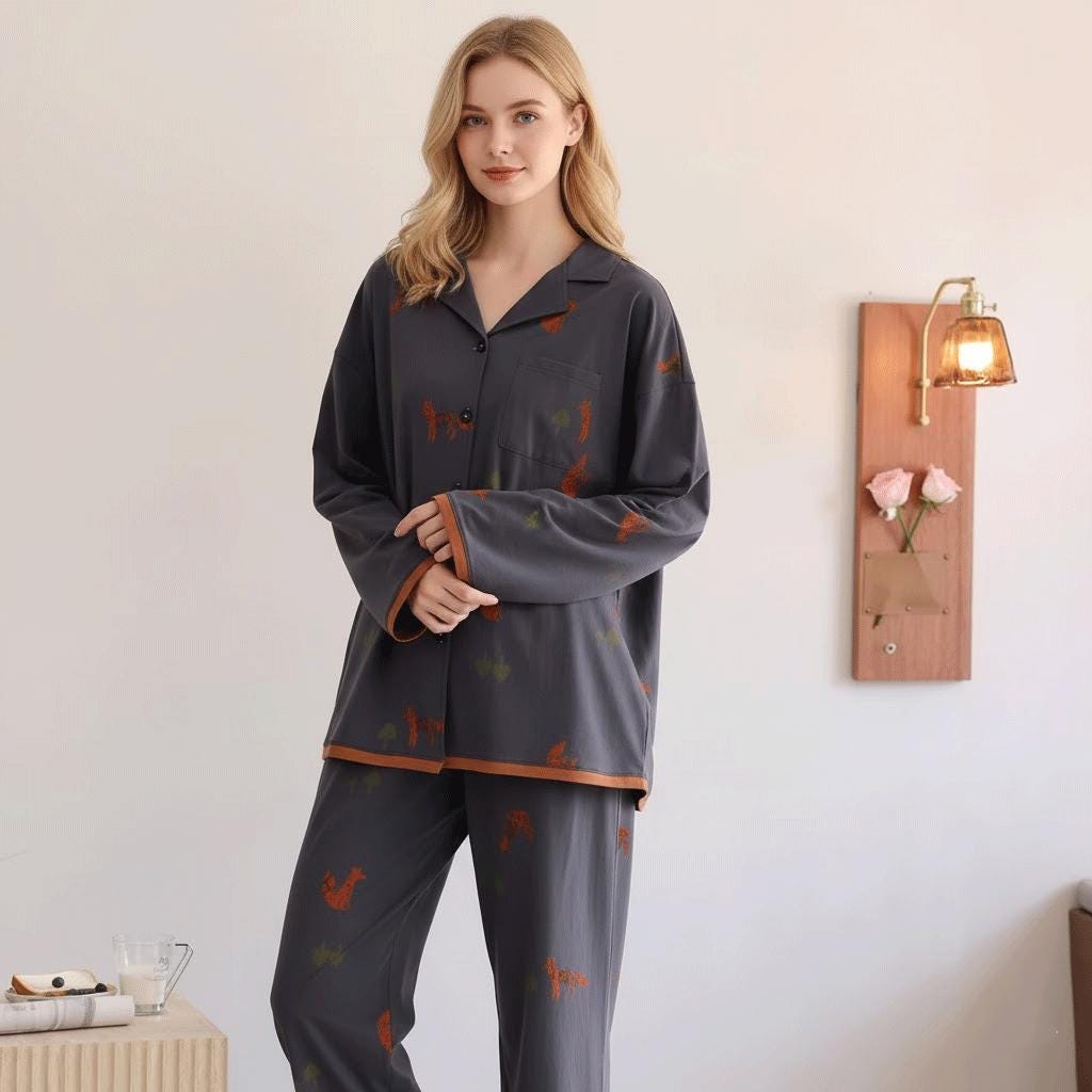Fox Print Cotton Pajama Set: Soft Button-Front Sleepwear