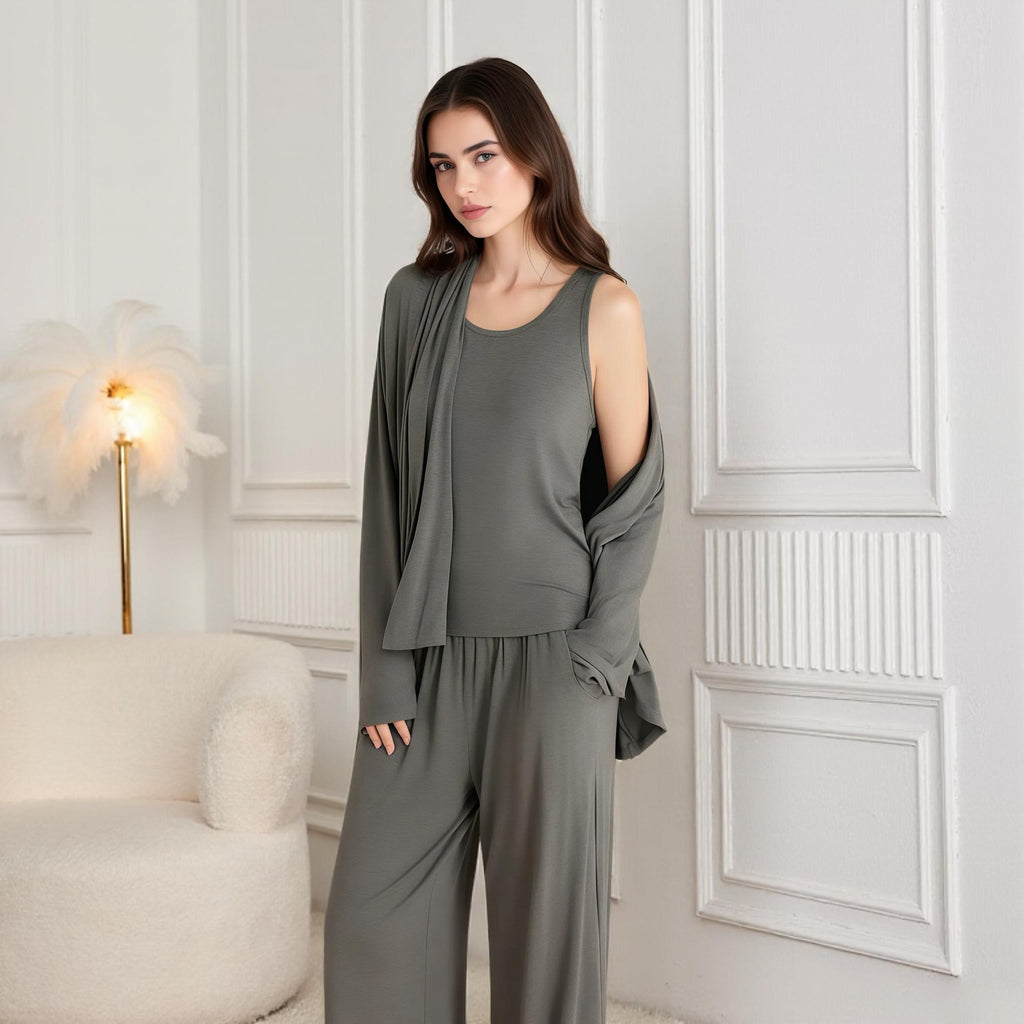 3 Piece Modal Loungewear Set | Cardigan, Pants, Tank Top Outfit