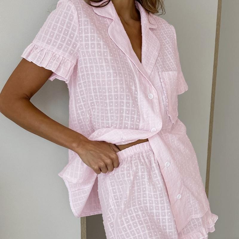 Pink Pajama Set - Top, Ladies Shirt & Ruffle Shorts - Boudoir Sleepwear for Her