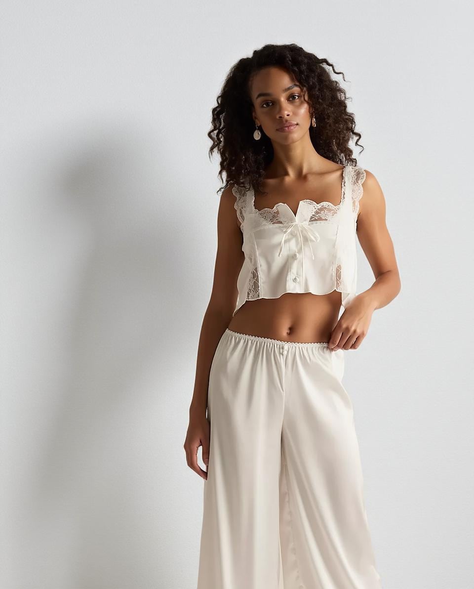 White Lace Satin Pajama Set, Bridal Sleepwear, Elegant Cami and Pants