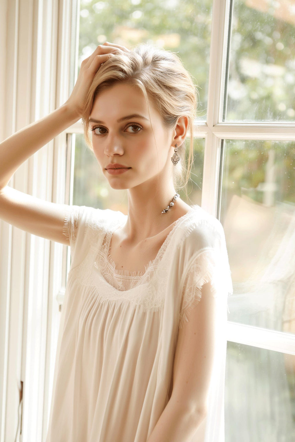 Soft Lace Trim Rayon Satin Nightgown Knee-length Romantic Nightie   Bridal gift