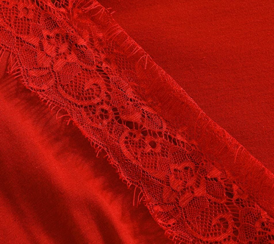 Vintage Red Cotton Lace Pajama Set: Soft Christmas Loungewear Elegant V-neck sleepwear