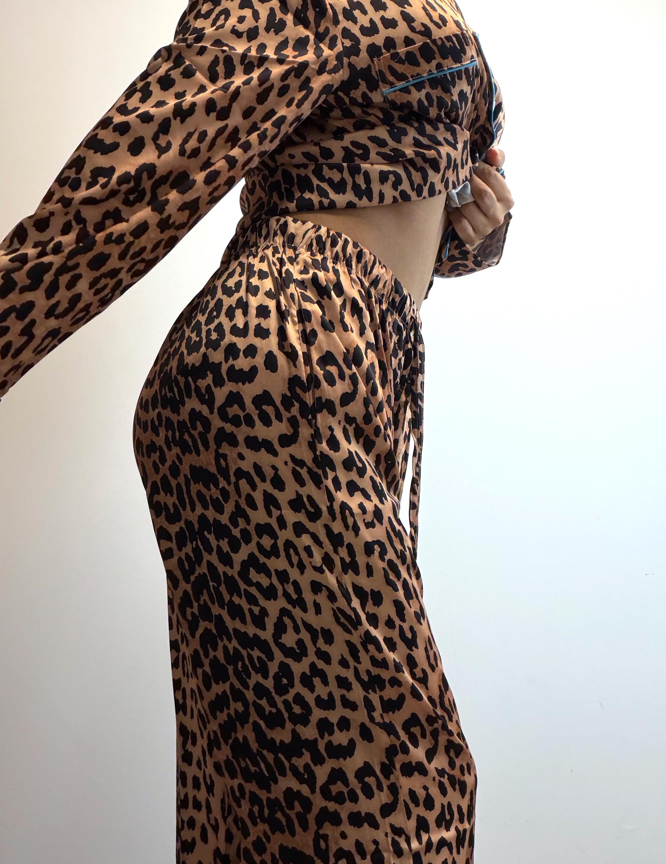 Leopard Print Satin Pajama Set, Women's Button Down Loungewear, Bridesmaid Gift
