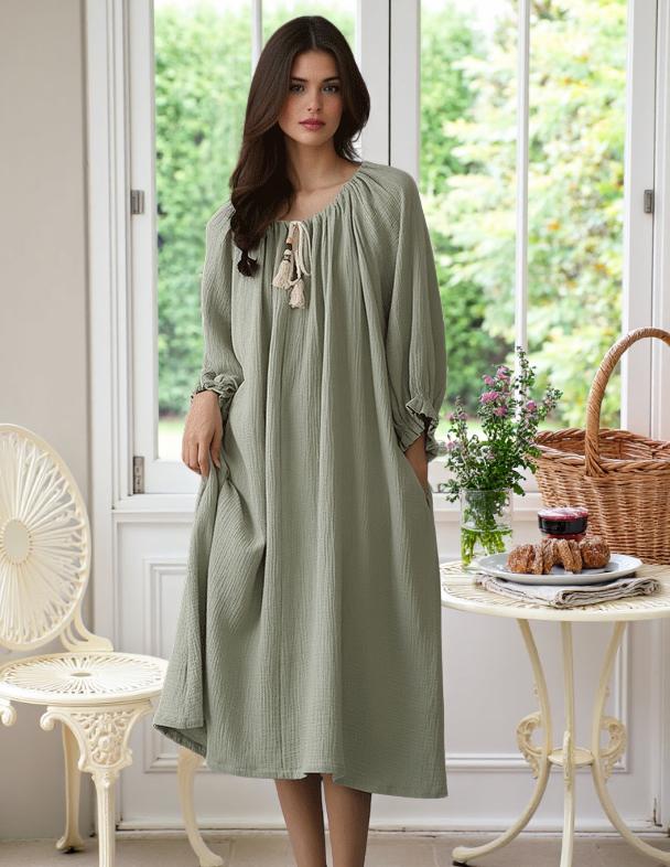Long Sleeved Softened Coton Nightgown, Muslin Cotton nightdress Relaxed dress