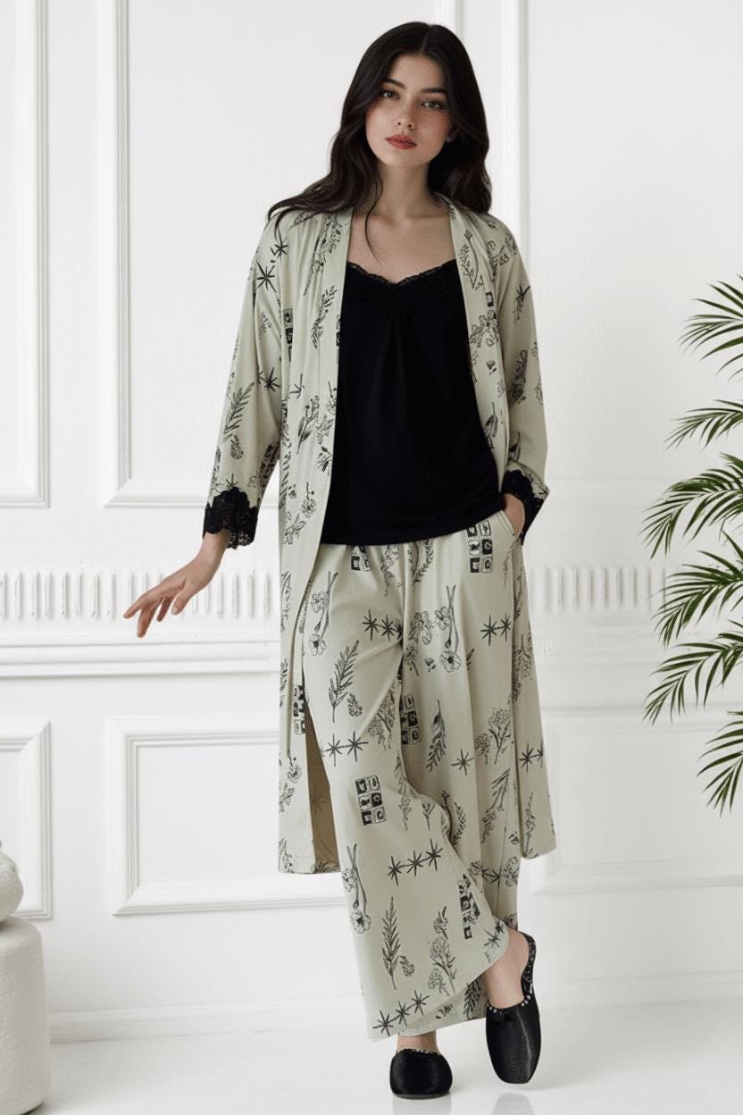Knit Cotton Lounge Set, Duster Robe and Pants Pajamas, Lace Detail