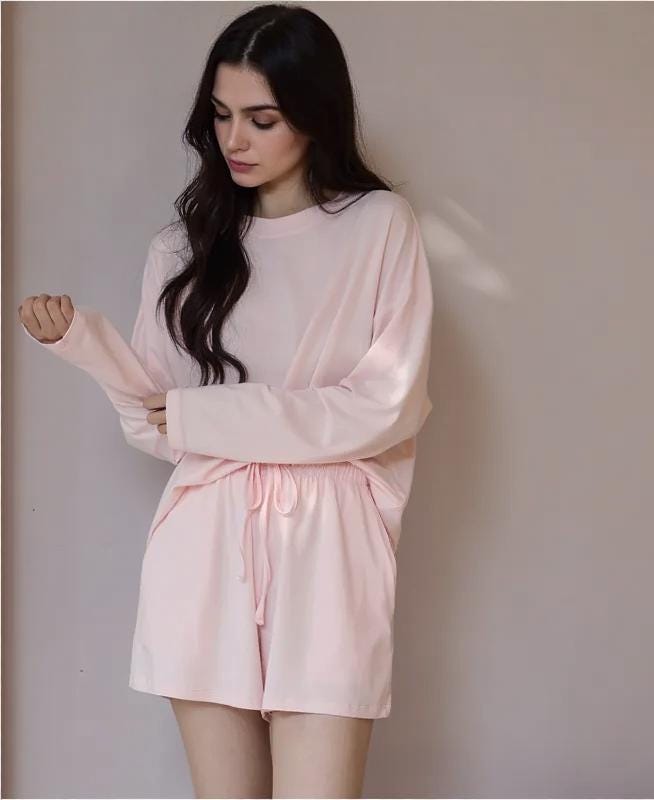 Modal Cotton Pajama Set: Long Sleeve Top, Drawstring Shorts, Loungewear