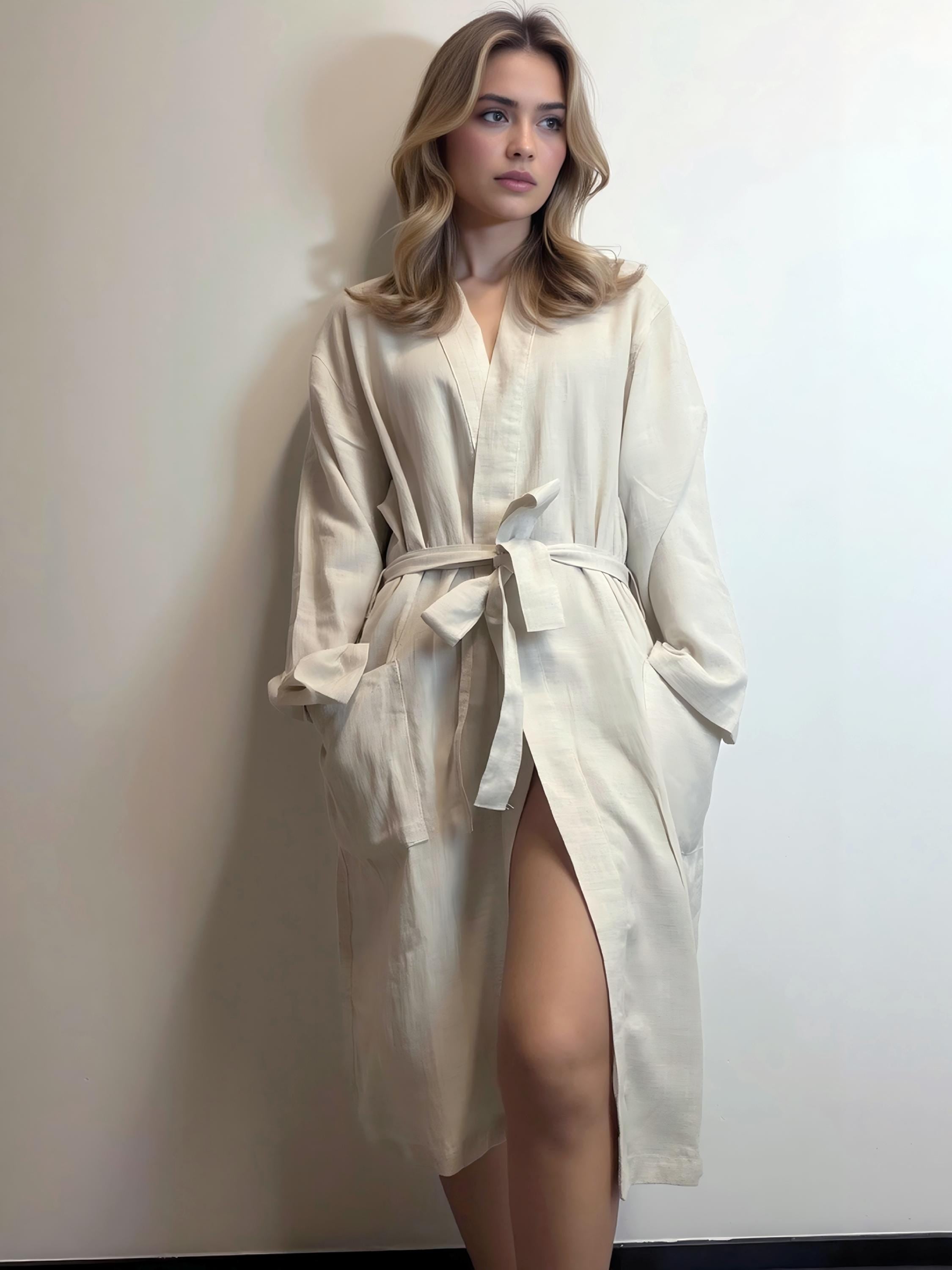 Linen Kimono Robe: Mid-Calf Wrap Dress, Bridal Dressing Gown