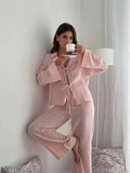 Soft Pink Muslin Cotton Pajama Set, Tie Front Sleepwear, Wide Leg Pants
