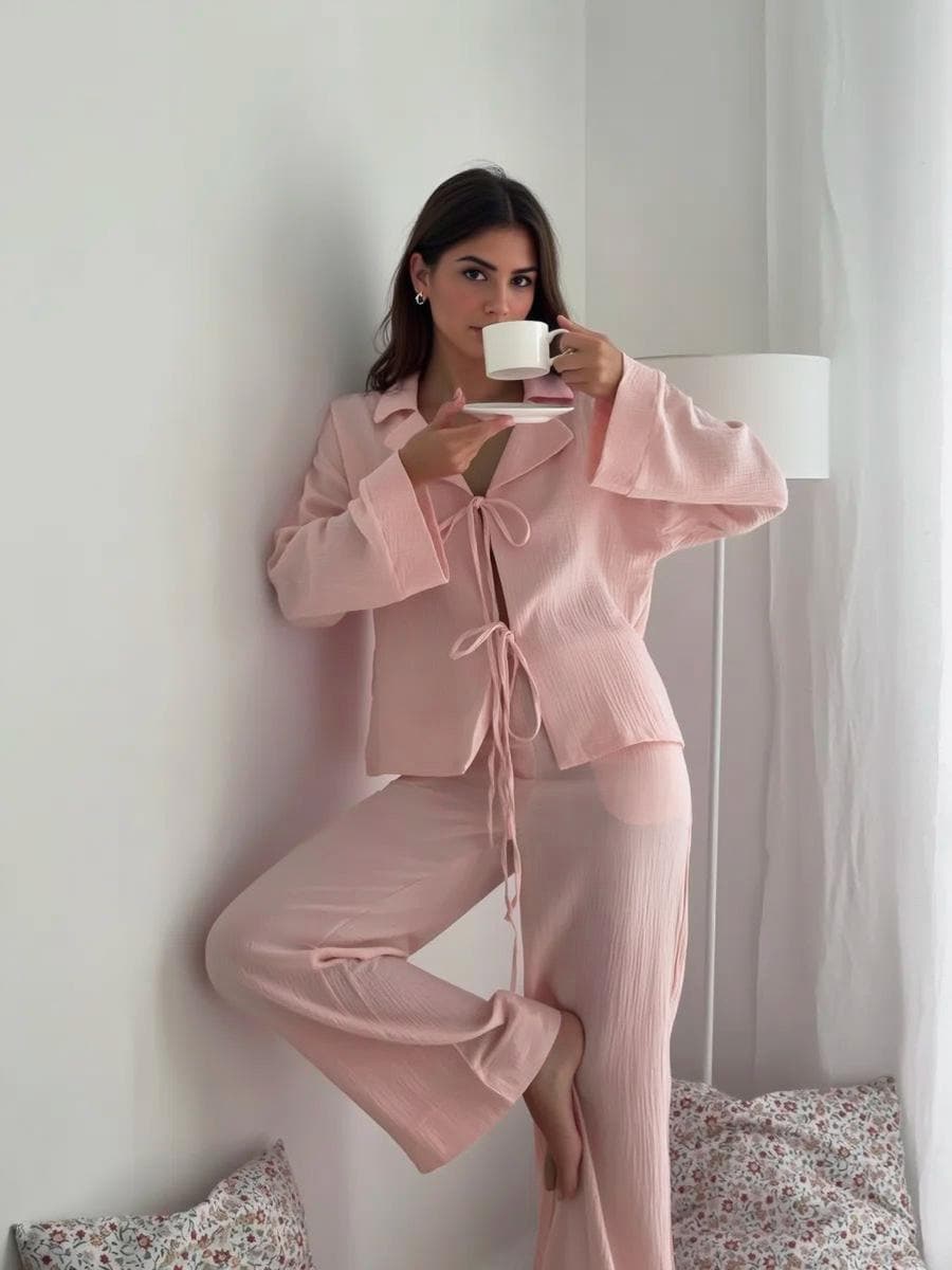 Soft Pink Muslin Cotton Pajama Set, Tie Front Sleepwear, Wide Leg Pants