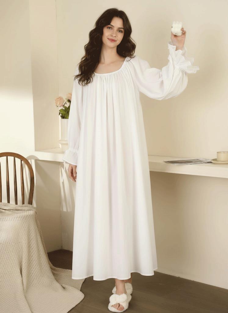Victorian 100% Cotton Soft Nightgown: Long Sleeve White Nightdress