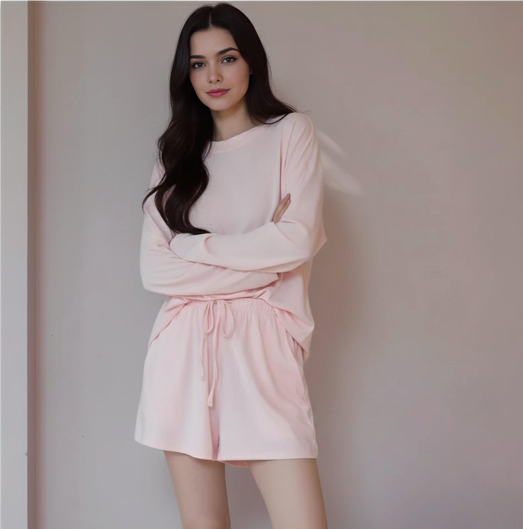 Modal Cotton Pajama Set: Long Sleeve Top, Drawstring Shorts, Loungewear