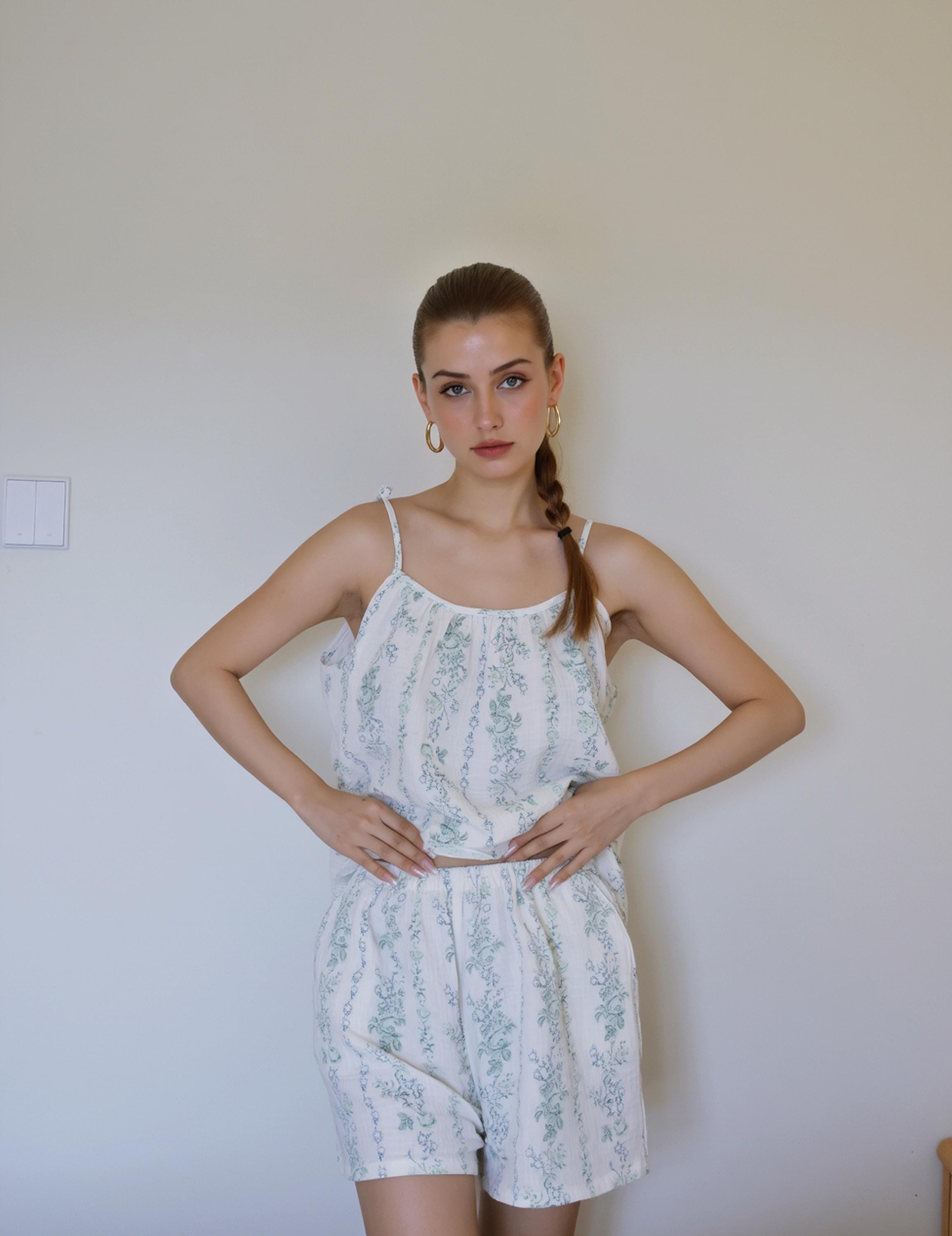 Muslin Cotton Pajama Set, Floral Tank & Shorts, Summer Sleepwear