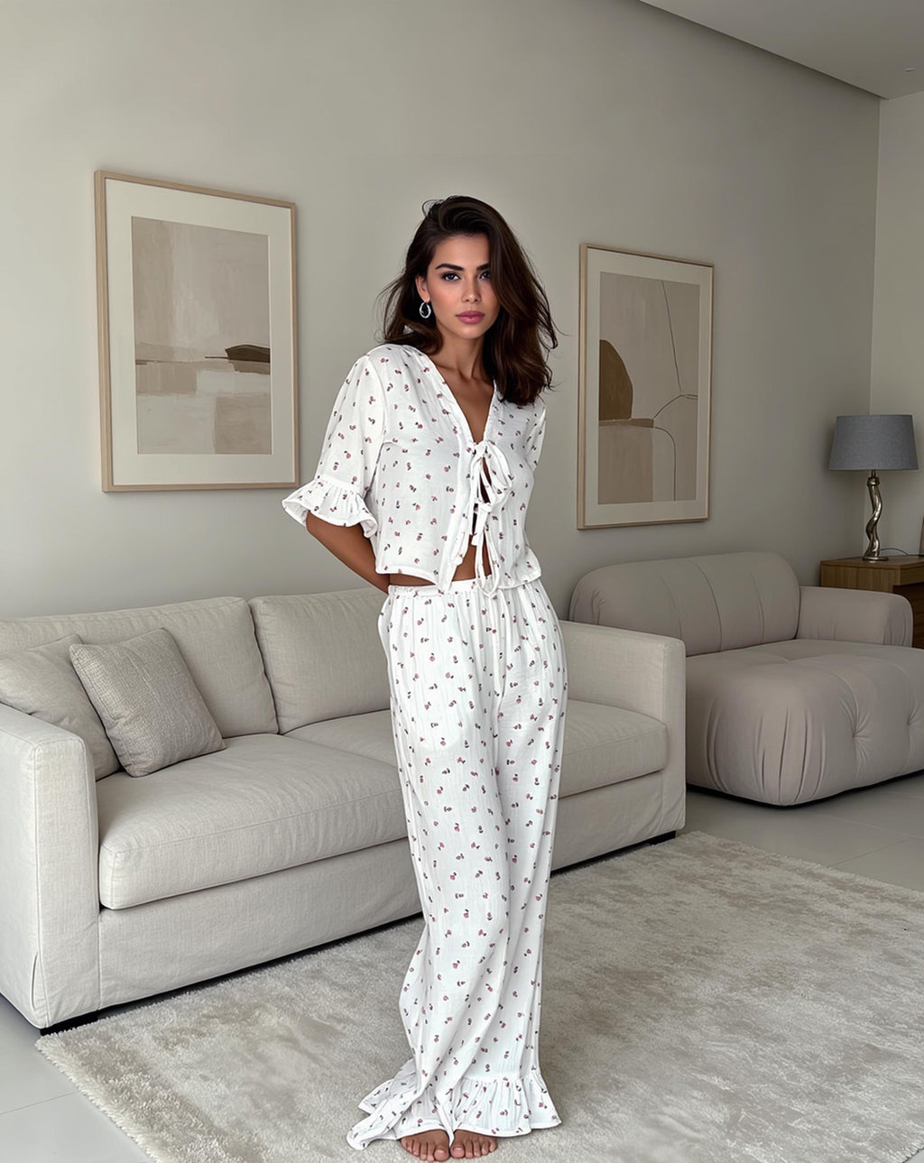Floral Print Muslin Cotton Pajama Set | Short Sleeve V-Neck Top with ruffle & Wide Leg Lounge Pants | Soft Summer Sleepwear