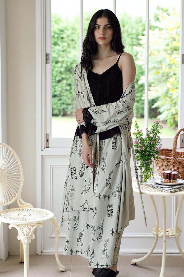 Knit Cotton Lounge Set, Duster Robe and Pants Pajamas, Lace Detail