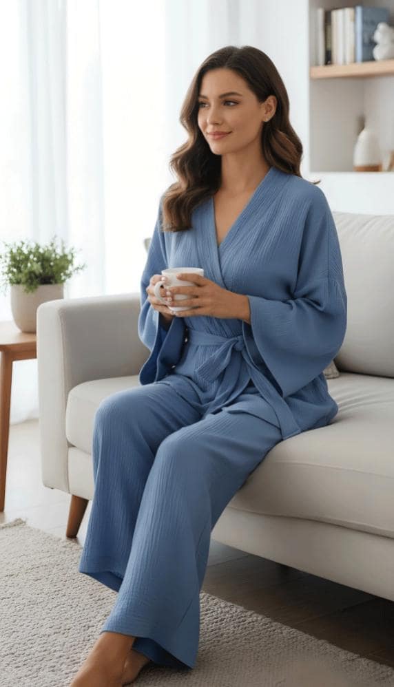 Muslin Cotton Pajama Set: Kimono Soft Robe Lounge Wear Gift for her
