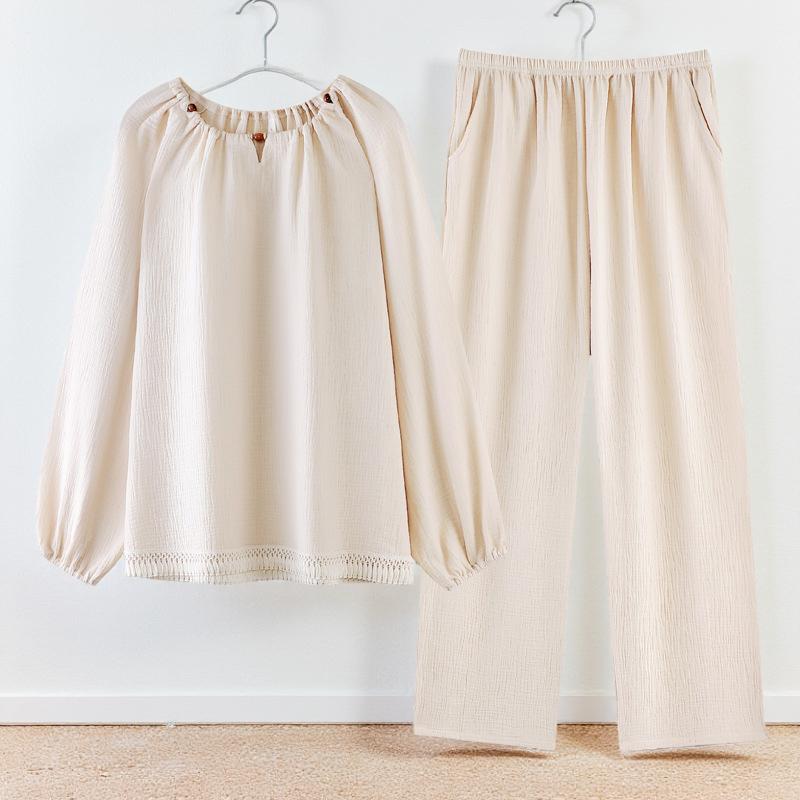 100% Cotton Beige Pajama with Crew Neck: Minimalist Soft Breathable Lounge Sleepwear