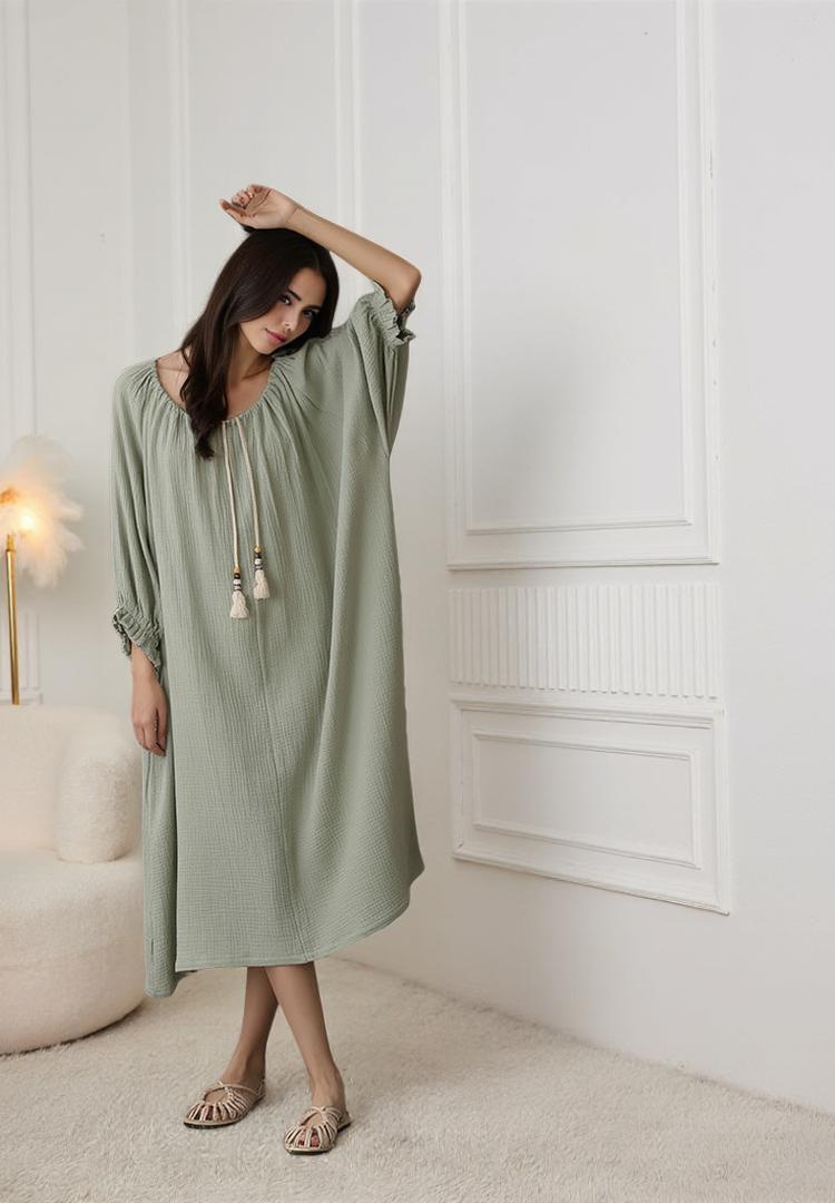 Long Sleeved Softened Coton Nightgown, Muslin Cotton nightdress Relaxed dress