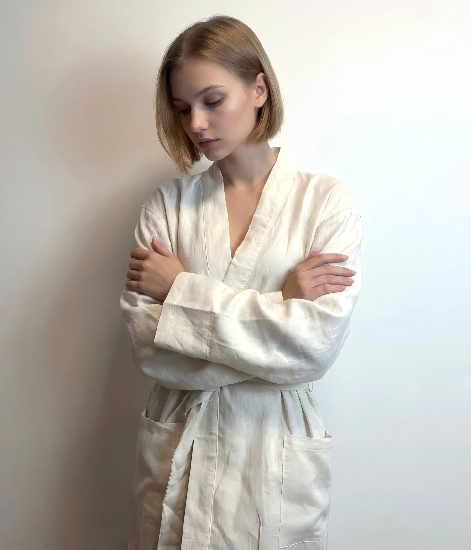 Linen Kimono Robe: Mid-Calf Wrap Dress, Bridal Dressing Gown