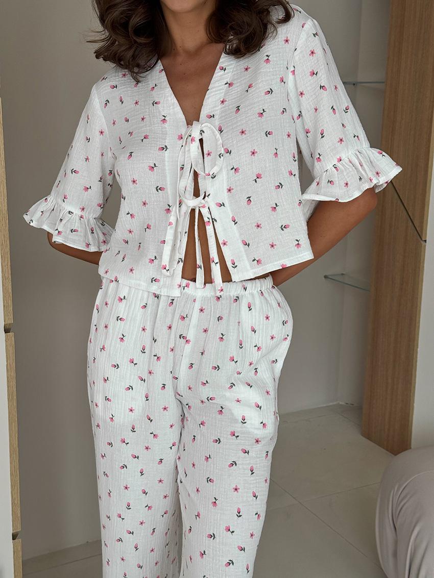 Floral Print Muslin Cotton Pajama Set | Short Sleeve V-Neck Top with ruffle & Wide Leg Lounge Pants | Soft Summer Sleepwear